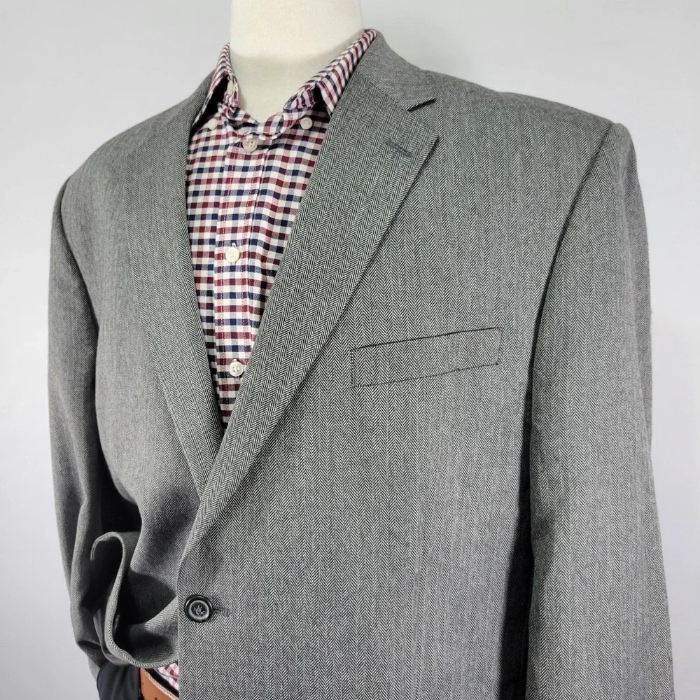 Joseph Feiss Men's Sport Coat Blazer Two Button‎ Gray Herringbone Poly Blend 46L